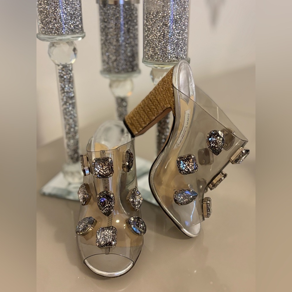 Jimmy Choo Metallic Silver Leather  Transparent Heels with Crystals